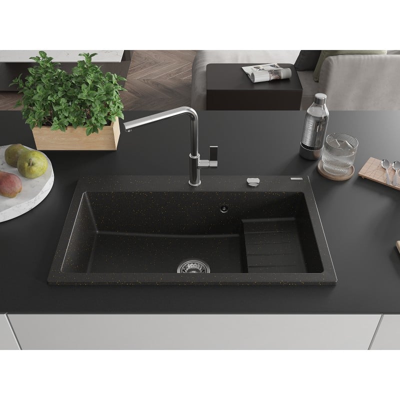 Mexen Omar Granitspüle 1-beckig 800 x 480 mm, schwarz/goldener Metallic, Chrom-Siphon - 6520801005-75