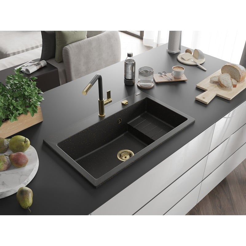 Mexen Omar Granitspüle 1-beckig 800 x 480 mm, schwarz/gold metallisch, goldener Siphon - 6520801005-75-G