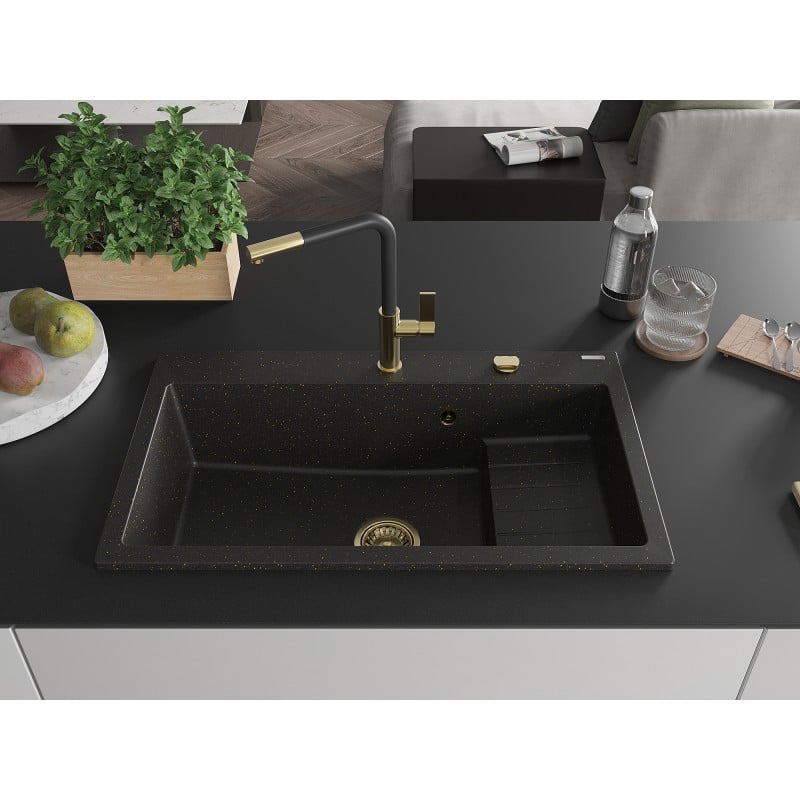 Mexen Omar Granitspüle 1-beckig 800 x 480 mm, schwarz/gold metallisch, goldener Siphon - 6520801005-75-G