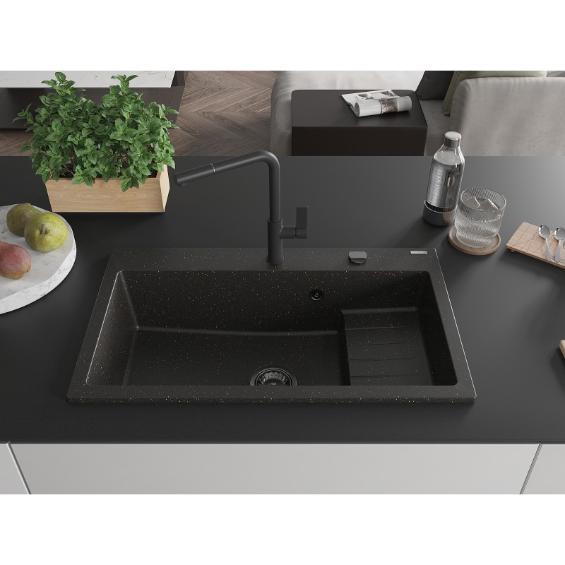 Mexen Omar Granitspüle 1-beckig 800 x 480 mm, schwarz/gold metallic, schwarzer Siphon - 6520801005-75-B