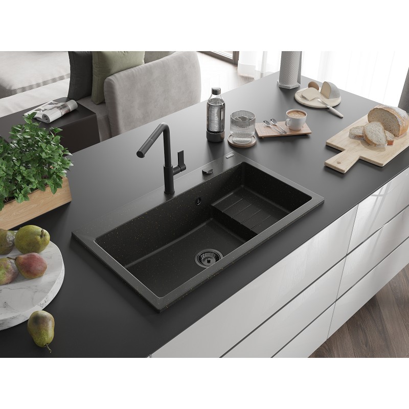 Mexen Omar Granitspüle 1-beckig 800 x 480 mm, schwarz/gold metallic, schwarzer Siphon - 6520801005-75-B