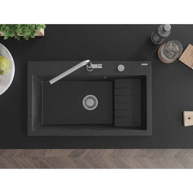 Mexen Omar Granitspüle 1-Becken 800 x 480 mm, schwarz gesprenkelt, Chrom-Siphon - 6520801005-76