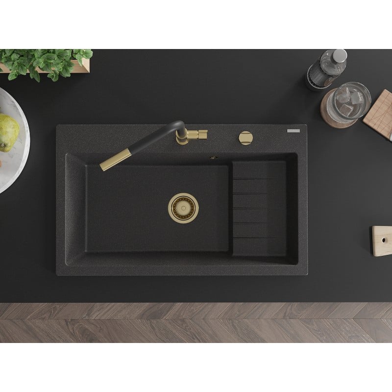 Mexen Omar Granitspüle 1-Becken 800 x 480 mm, schwarz gesprenkelt, goldener Siphon - 6520801005-76-G
