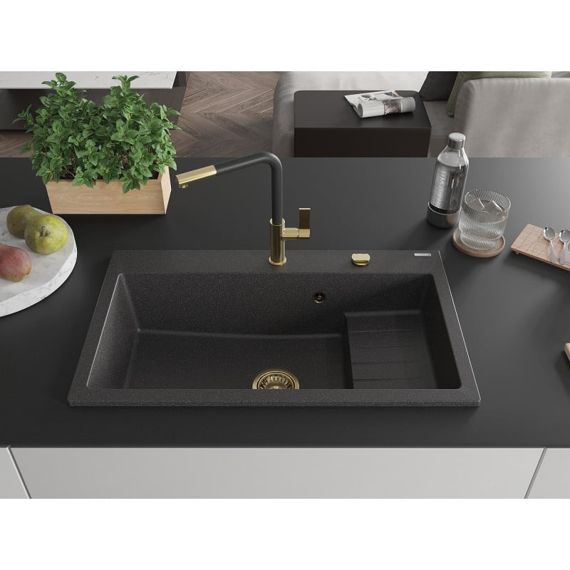 Mexen Omar Granitspüle 1-Becken 800 x 480 mm, schwarz gesprenkelt, goldener Siphon - 6520801005-76-G
