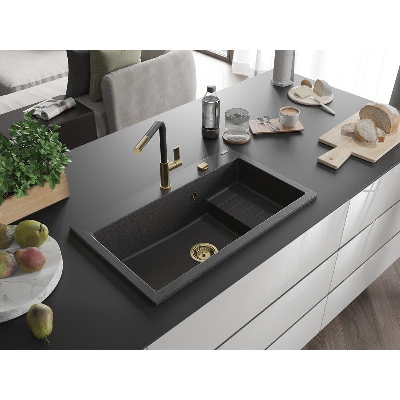 Mexen Omar Granitspüle 1-Becken 800 x 480 mm, schwarz gesprenkelt, goldener Siphon - 6520801005-76-G