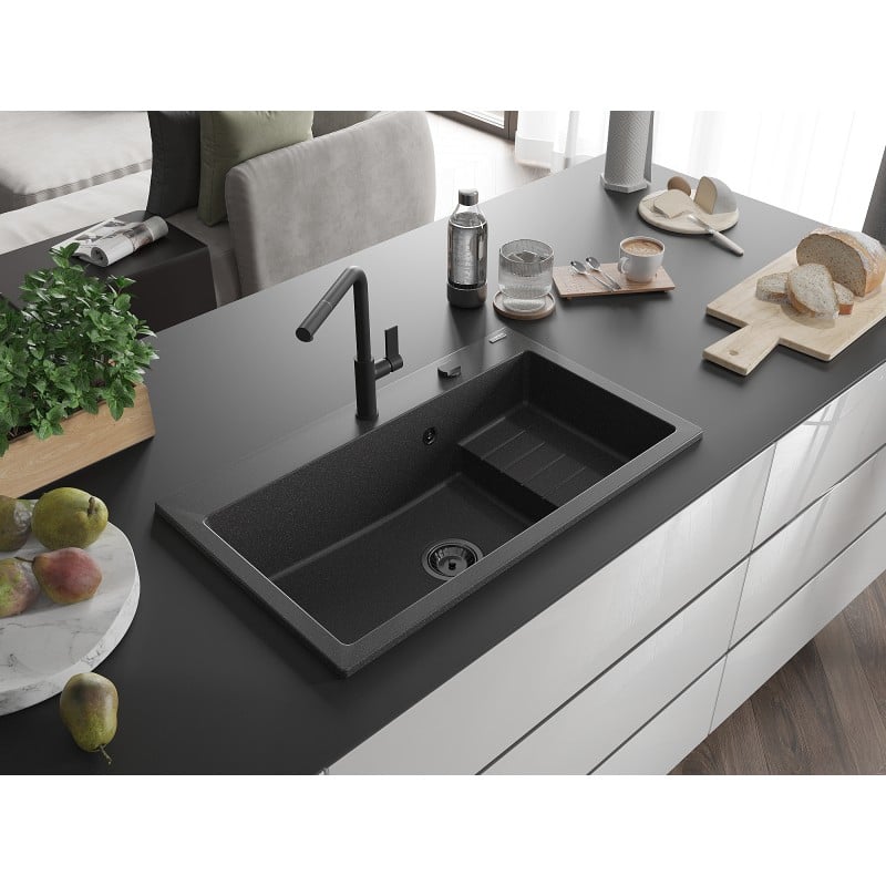Mexen Omar Granitspüle 1-beckig 800 x 480 mm, schwarz gesprenkelt, schwarzer Siphon - 6520801005-76-B