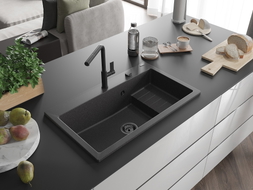 Mexen Omar Granitspüle 1-beckig 800 x 480 mm, schwarz gesprenkelt, schwarzer Siphon - 6520801005-76-B