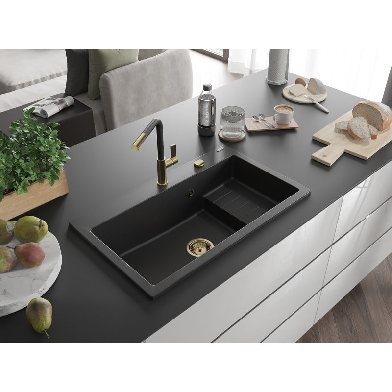 Mexen Omar Granitspüle, 1-beckig, 800 x 480 mm, schwarz, Siphon gold - 6520801005-77-G