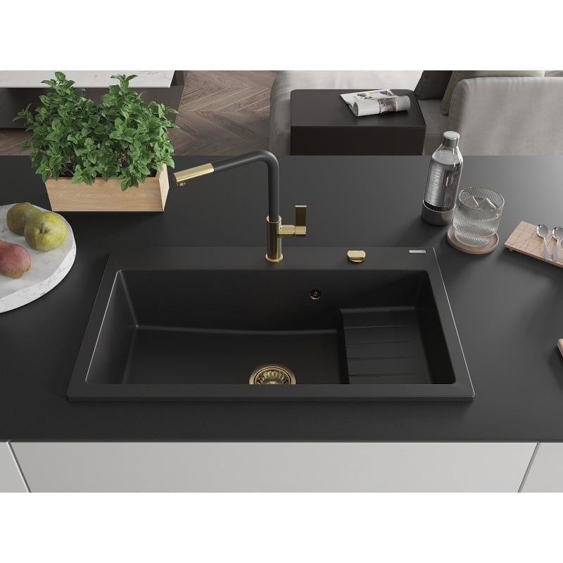 Mexen Omar Granitspüle, 1-beckig, 800 x 480 mm, schwarz, Siphon gold - 6520801005-77-G