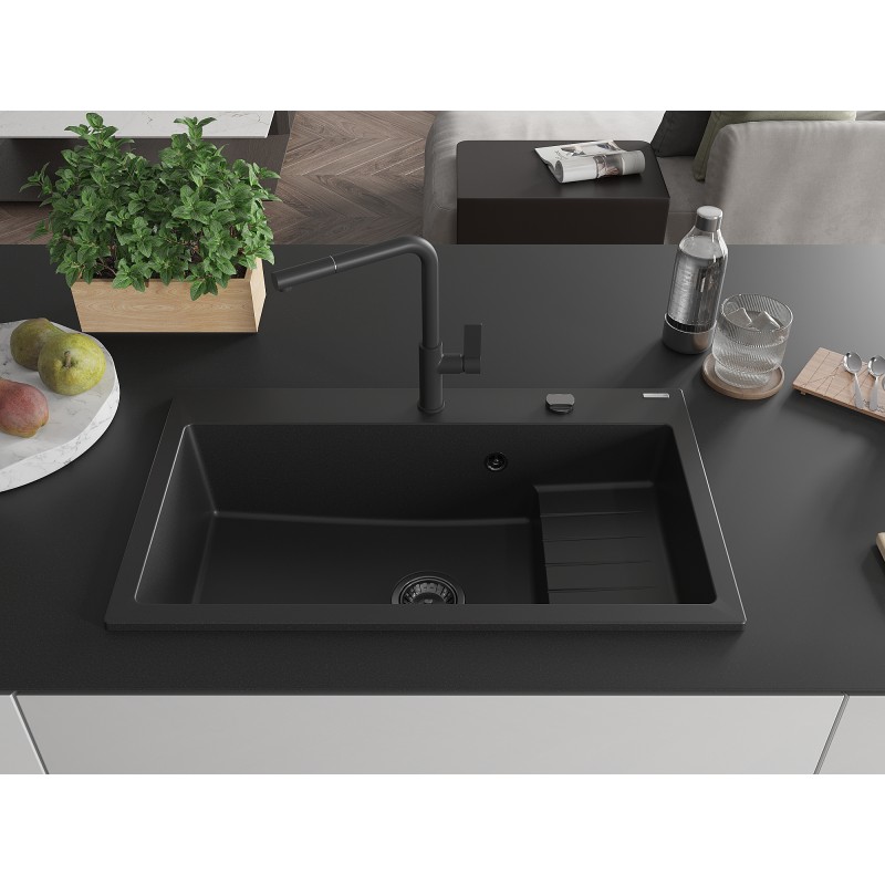 Mexen Omar Granitspüle 1-becken 800 x 480 mm, schwarz, schwarzer Siphon - 6520801005-77-B