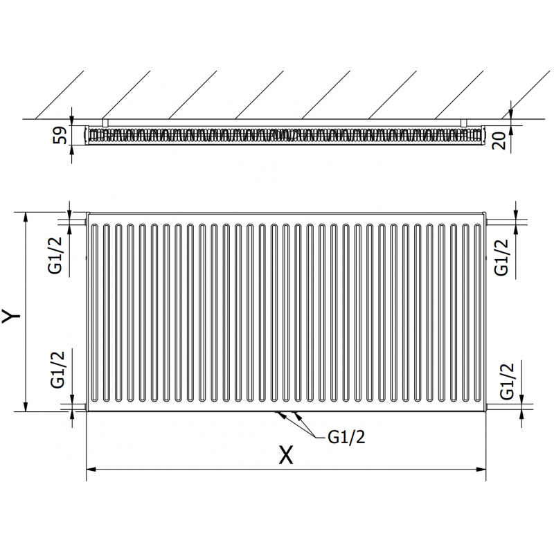 Mexen CC11 Plattenheizkörper 300 x 2000 mm, mittlerer unterer Anschluss, 978 W, Anthrazit - W6C11-030-200-66