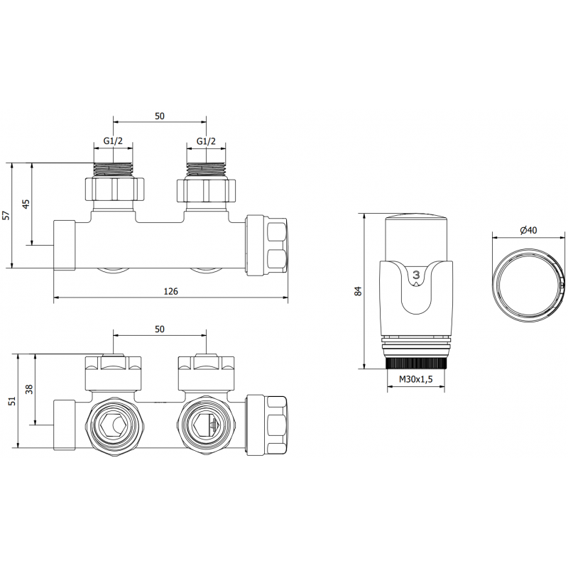 Mexen G00 Thermostat-Set, Winkel, Duplex, DN50, weiß - W907-900-20