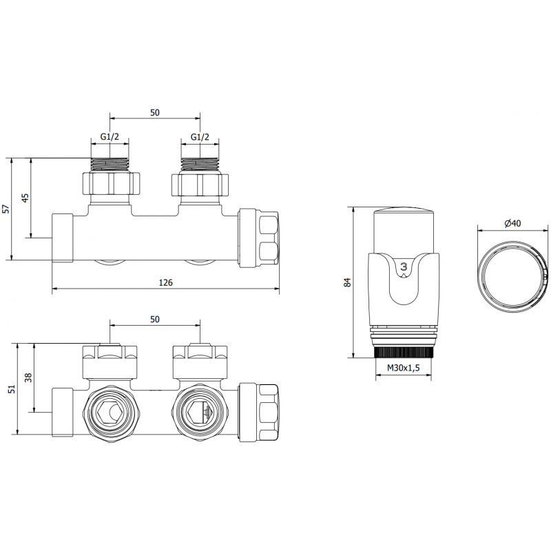 Mexen G00 Thermostat-Set, Winkelform, Duplex, DN50, Anthrazit - W907-900-66