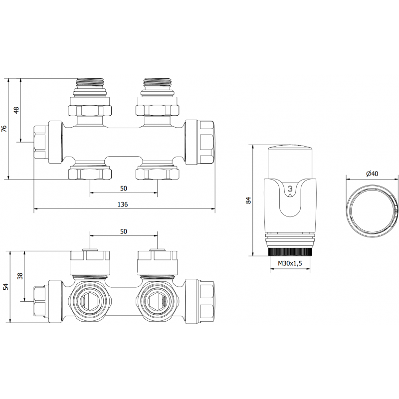 Mexen G00 thermostatisches Set Winkel/Gerade, Duplex, DN50, weiß - W908-900-20