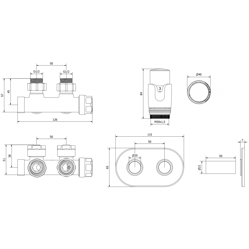 Mexen G00 winklige Thermostatgarnitur mit Abdeckung R, Duplex, DN50, weiß - W907-900-905-20
