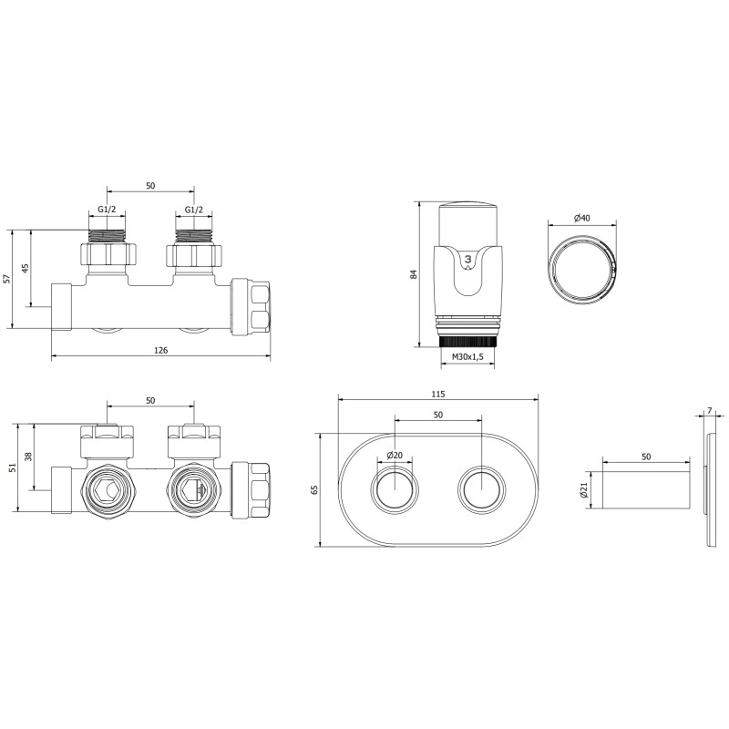 Mexen G00 Winkelthermostat-Set mit Abdeckrosette R, Duplex, DN50, Gold - W907-900-905-50