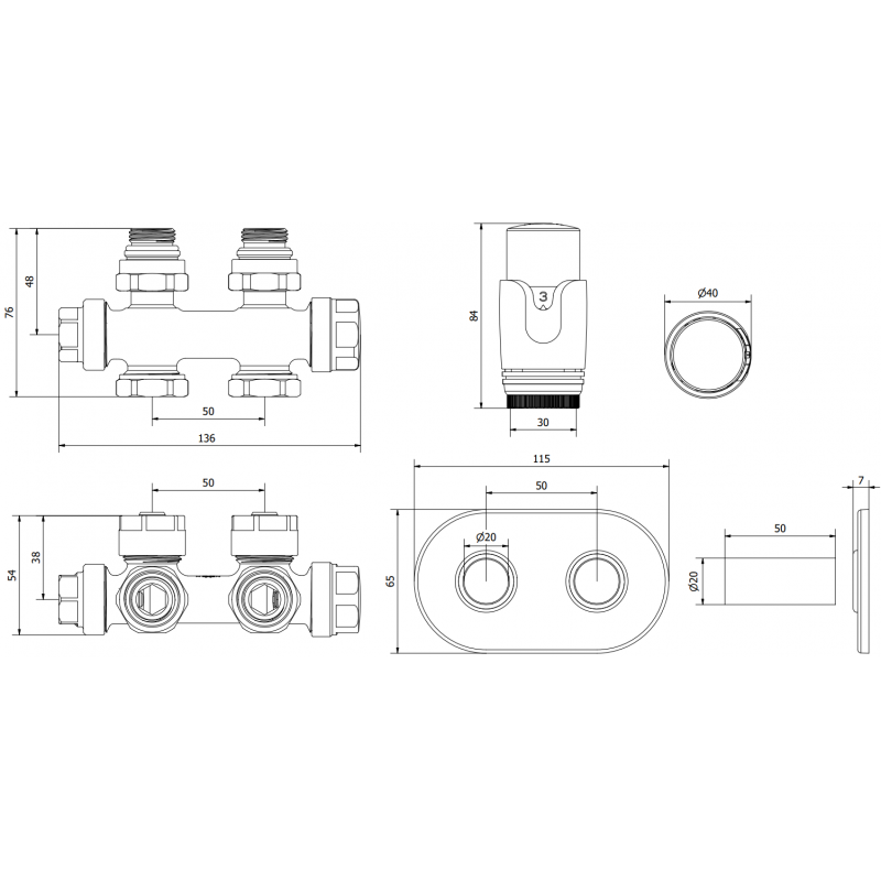 Mexen G00 Thermostat-Set, Eck-/Geradebau mit Rosette R, Duplex, DN50, Chrom - W908-900-905-01