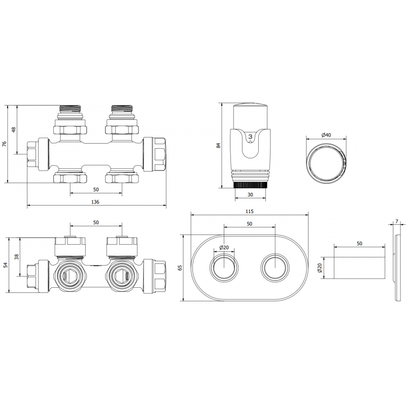 Mexen G00 Thermostat-Set, Winkelform/Gerader Form mit Abdeckung R, Duplex, DN50, Anthrazit - W908-900-905-66