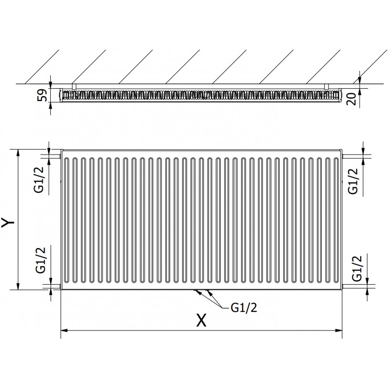 Mexen CC11 Plattenheizkörper 600 x 1100 mm, mittlerer Bodenanschluss, 1027 W, schwarz - W6C11-060-110-70