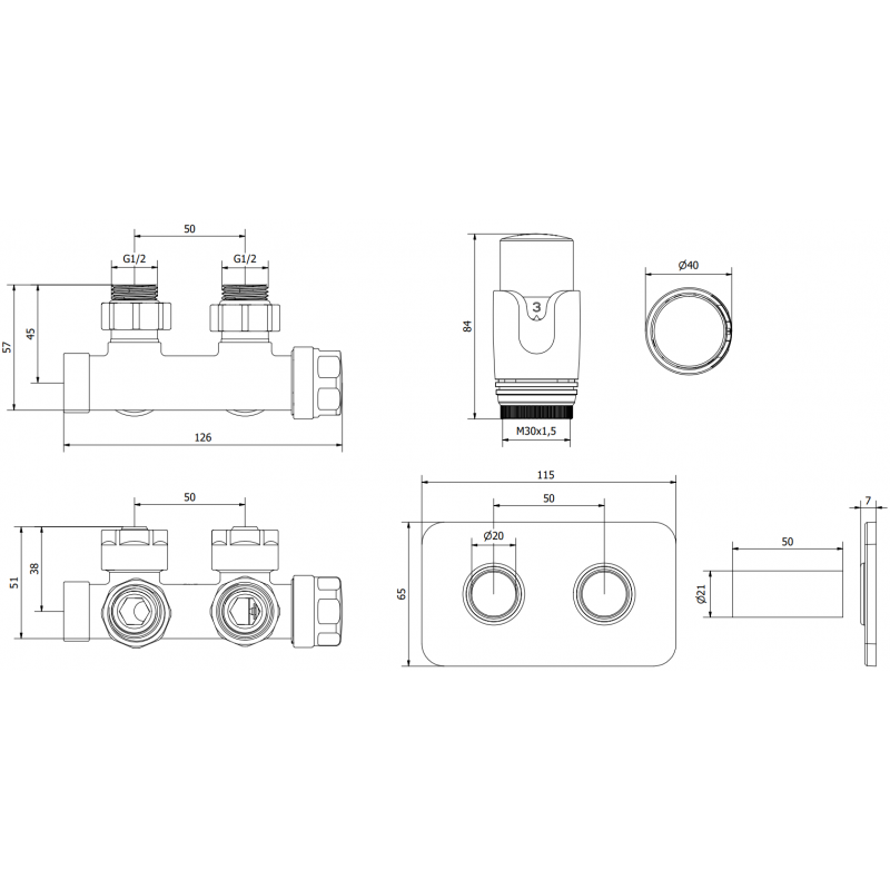 Mexen G00 thermostatisches Eckventil-Set mit Blende S, Duplex, DN50, weiß - W907-900-910-20