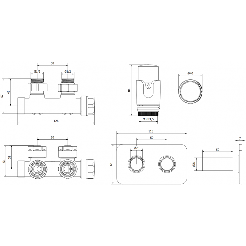Mexen G00 Thermostat-Set Eckventil mit Abdeckung S, Duplex, DN50, schwarz - W907-900-910-70