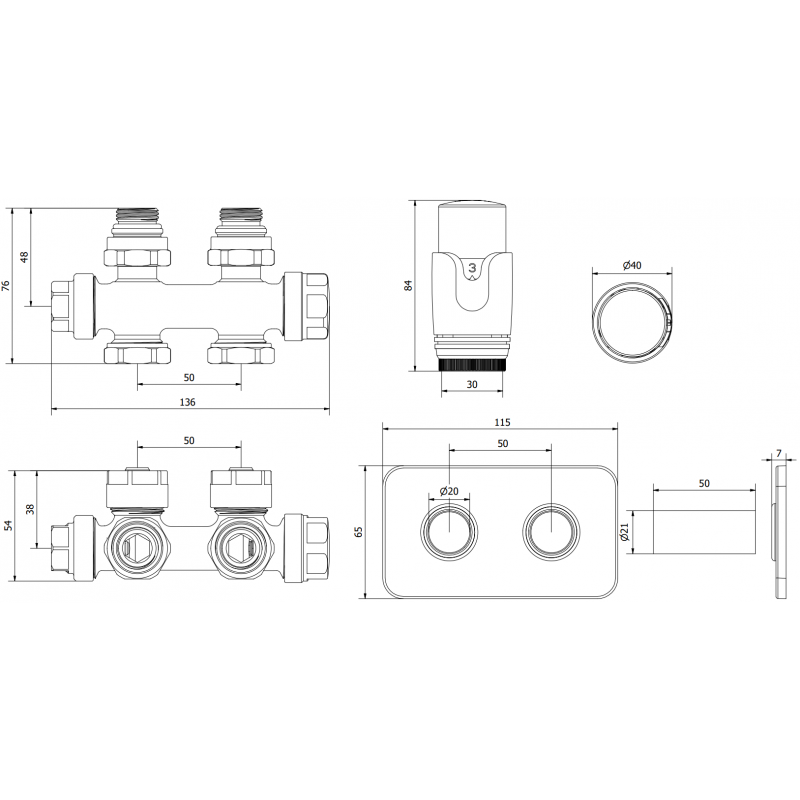 Mexen G00 Thermostat-Set, Winkeleinbau/gerade, mit Abdeckung S, Duplex, DN50, Chrom - W908-900-910-01