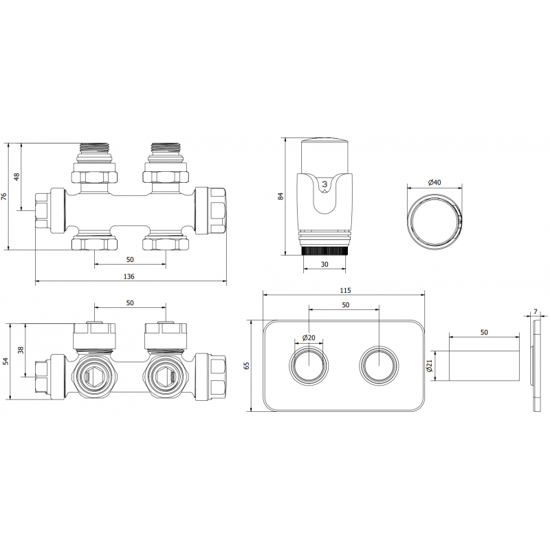 Mexen G00 Thermostat-Set, Eck-/Gerade mit Abdeckung S, Duplex, DN50, golden - W908-900-910-50