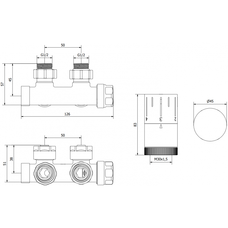 Mexen G05 Winkelthermostat-Set, Duplex, DN50, Chrom - W907-958-01