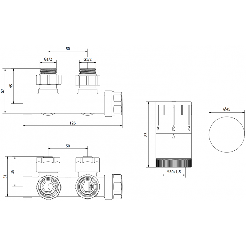 Mexen G05 Thermostatikventil-Set, Eckform, Duplex, DN50, schwarz - W907-958-70