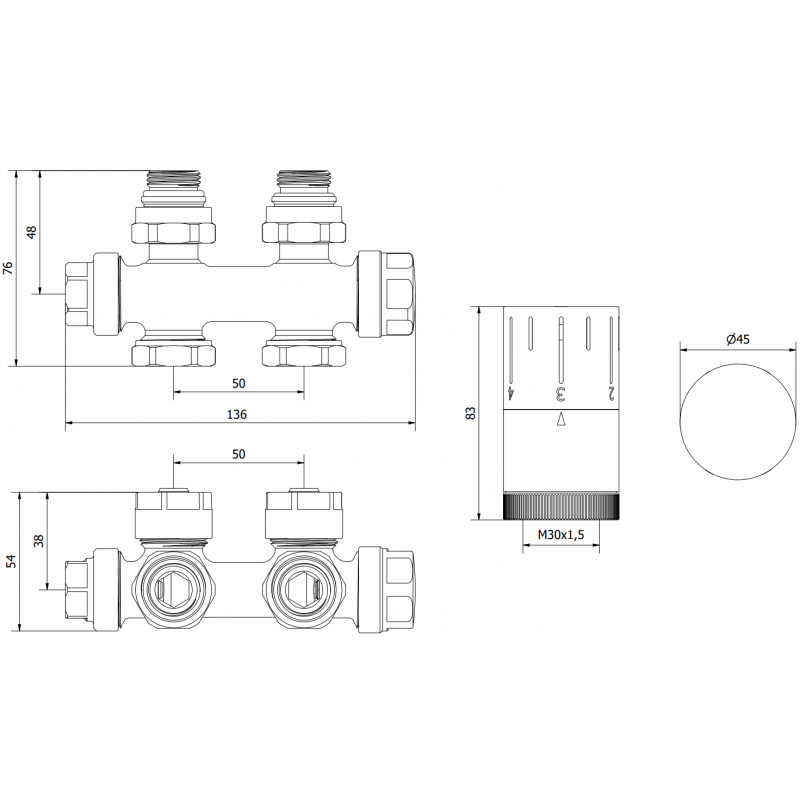 Mexen G05 Thermostat-Set Eck-/Geradeventil, Duplex, DN50, schwarz - W908-958-70