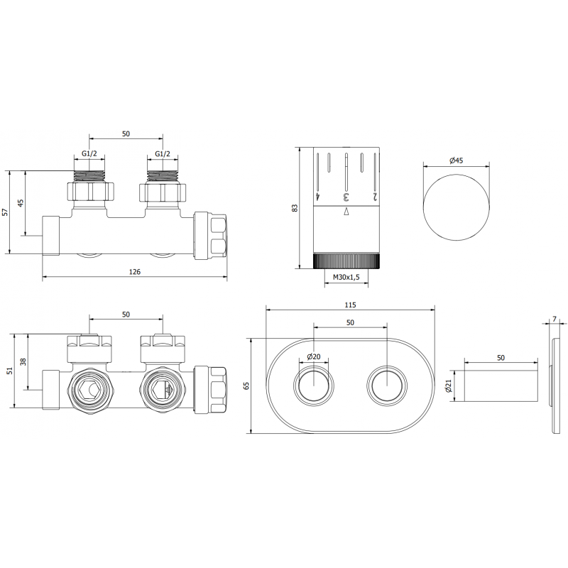 Mexen G05 winkliges Thermostat-Set mit Rosette R, Duplex, DN50, Chrom - W907-958-905-01