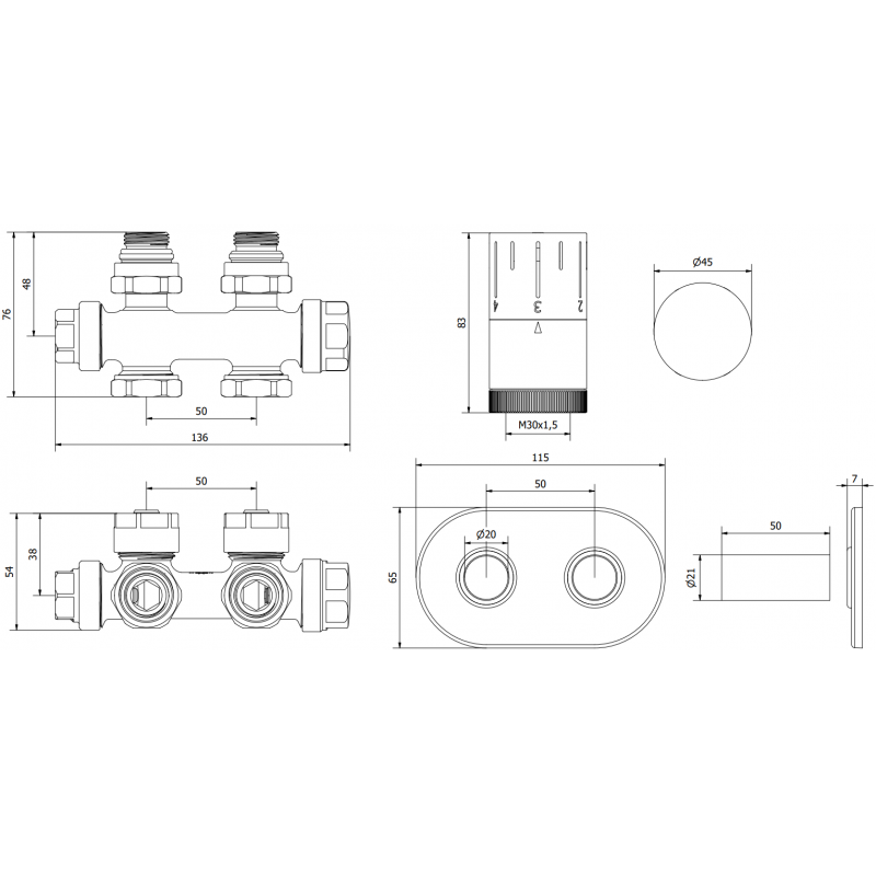 Mexen G05 Thermostat-Set, winkel-/gerade mit Blende R, Duplex, DN50, Chrom - W908-958-905-01