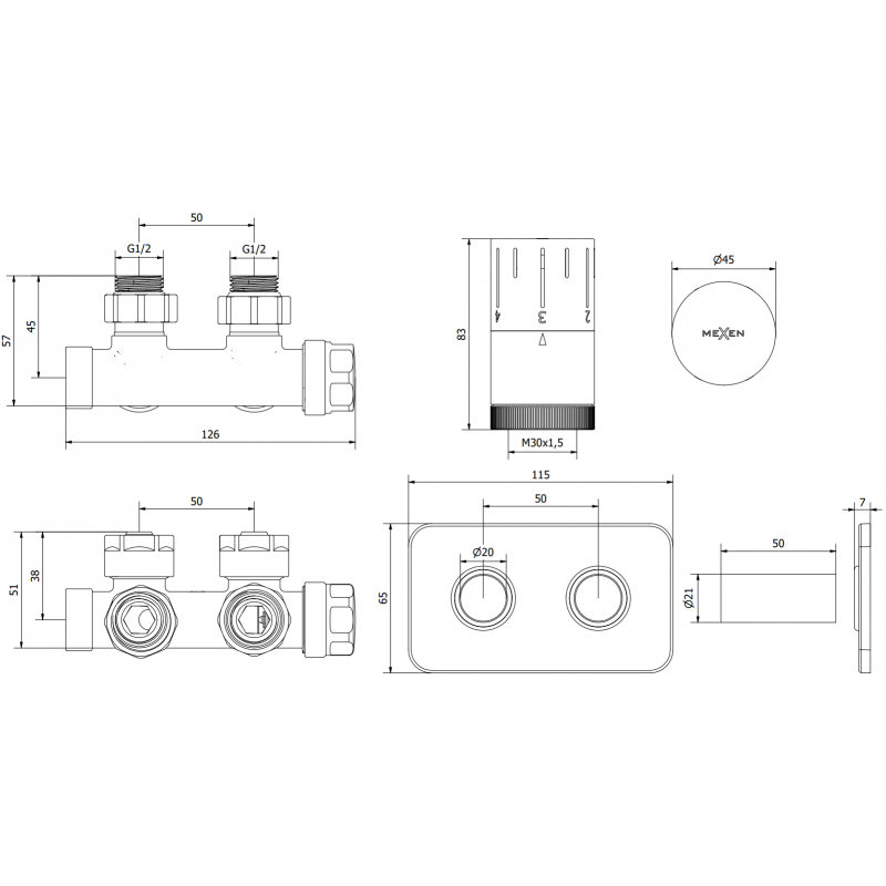 Mexen G05 Winkelförmiges Thermostat-Set mit Abdeckung S, Duplex, DN50, weiß - W907-958-910-20