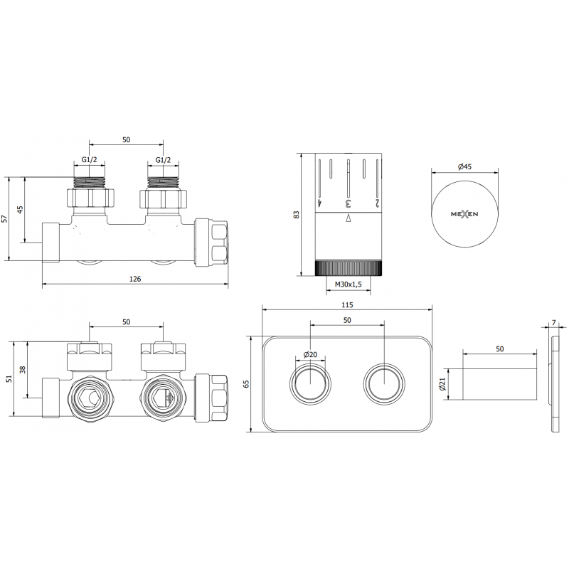 Mexen G05 Thermostat-Sets mit Eckventil und Abdeckung S, Duplex, DN50, Anthrazit - W907-958-910-66