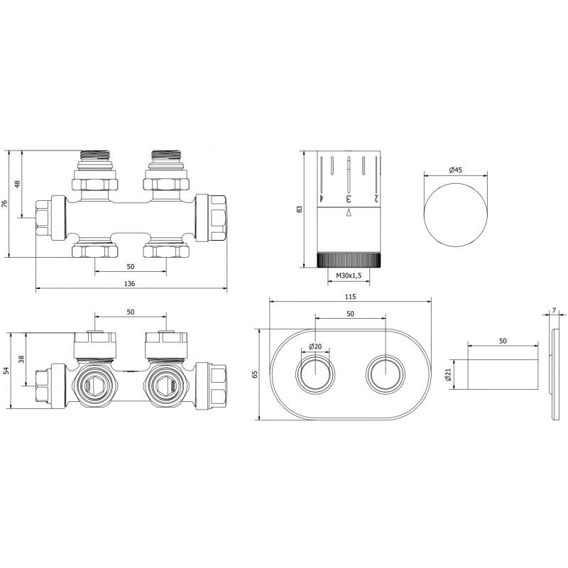 Mexen G05 Thermostat-Set Winkel-/Gerade mit Abdeckung S, Duplex, DN50, Chrom - W908-958-910-01
