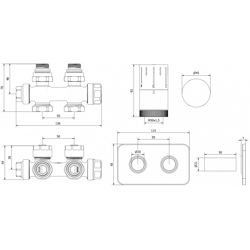 Mexen G05 Thermostatset Winkel/Gerade mit Abdeckung S, Duplex, DN50, weiß - W908-958-910-20