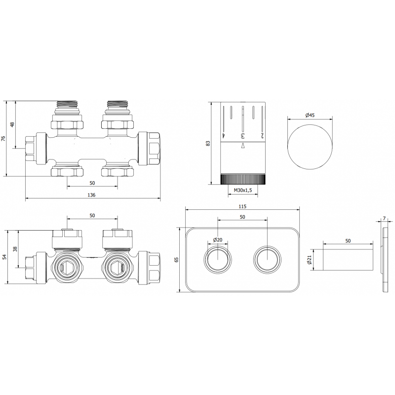 Mexen G05 Thermostat-Set, Winkel-/Geradform mit Abdeckung S, Duplex, DN50, schwarz - W908-958-910-70