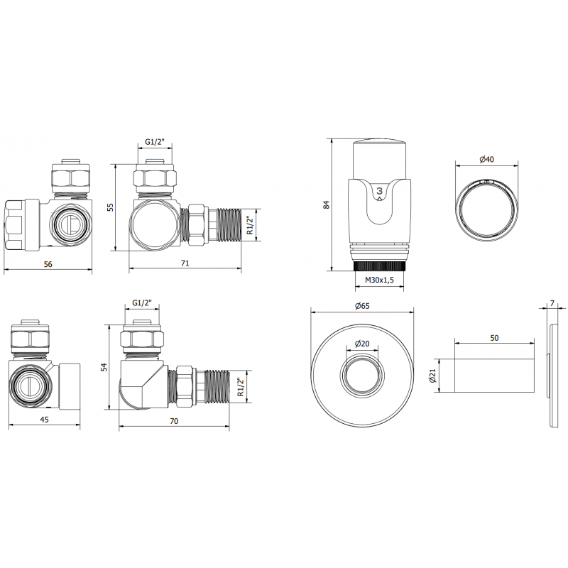 Mexen G00 Thermostat-Set, axial mit Abdeckung R, weiß - W903-900-904-20