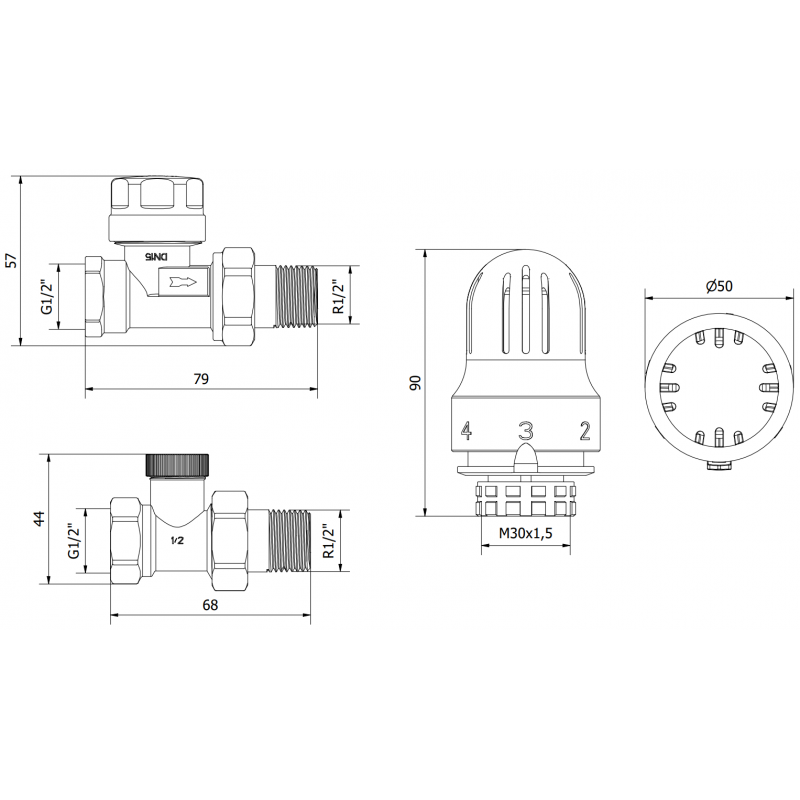 Mexen G04, gerades Thermostat-Set, Nickel - W914-012-948-01