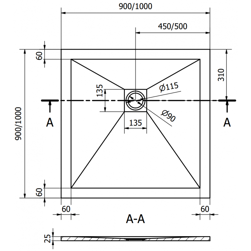 Mexen Stone+ quadratische Duschwanne aus Verbundwerkstoff 100 x 100 cm, weiß, goldene Abdeckung - 44101010-G