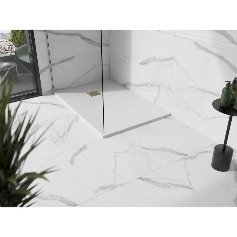 Mexen Stone+ rechteckige Komposit-Duschwanne 140 x 90 cm, weiß, goldene Abdeckung - 44109014-G