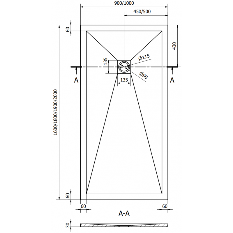 Mexen Stone+ rechteckige Verbund-Duschwanne 200 x 90 cm, weiß, schwarze Abdeckung - 44109020-B