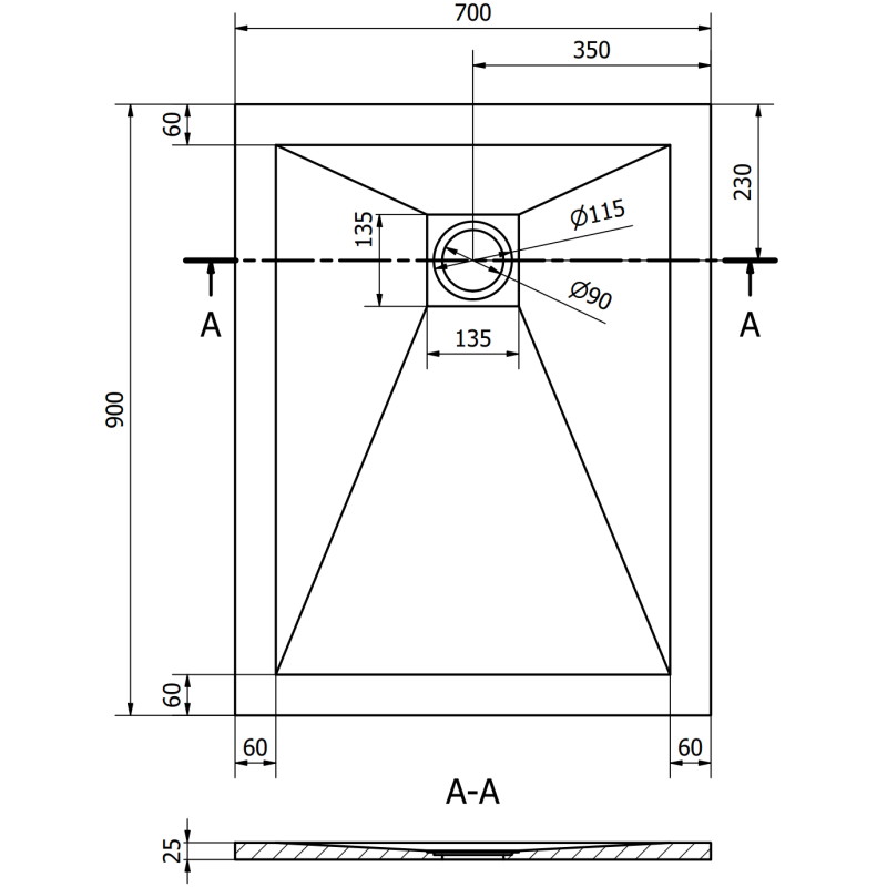 Mexen Stone+ rechteckige Duschwanne aus Verbundwerkstoff 90 x 70 cm, weiß, schwarze Abdeckung - 44107090-B