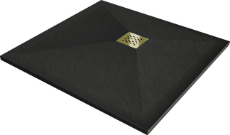 Mexen Stone+ quadratische Duschwanne aus Verbundwerkstoff 70 x 70 cm, schwarz, goldene Abdeckung - 44707070-G
