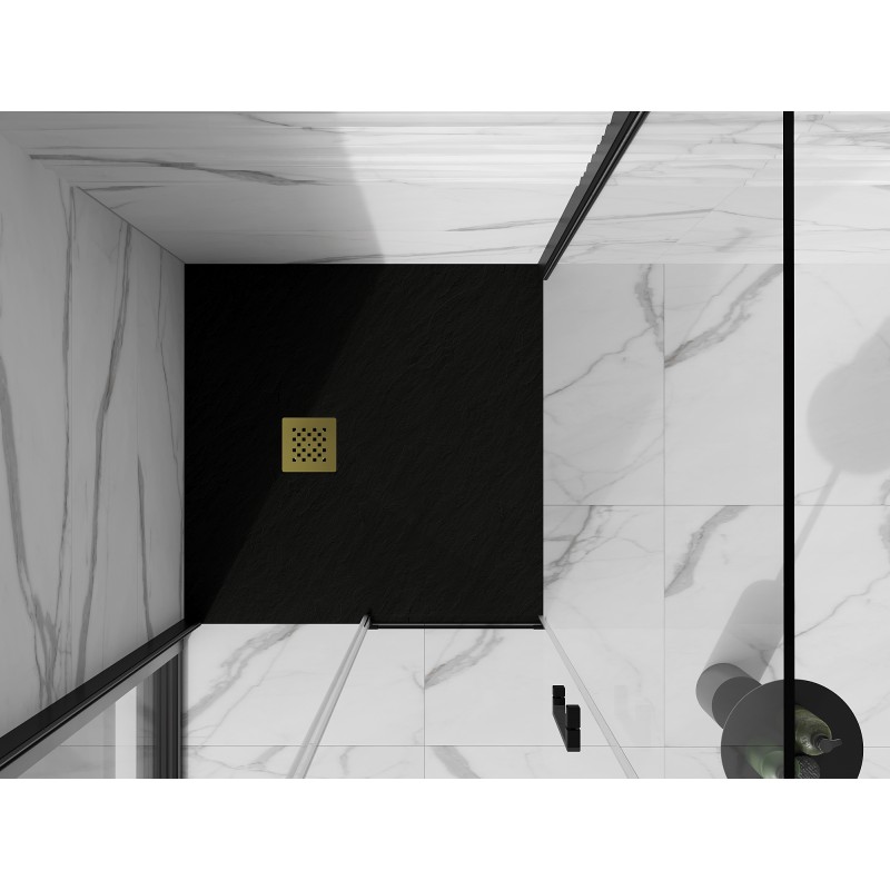 Mexen Stone+ quadratische Duschwanne aus Verbundwerkstoff 70 x 70 cm, schwarz, goldene Abdeckung - 44707070-G