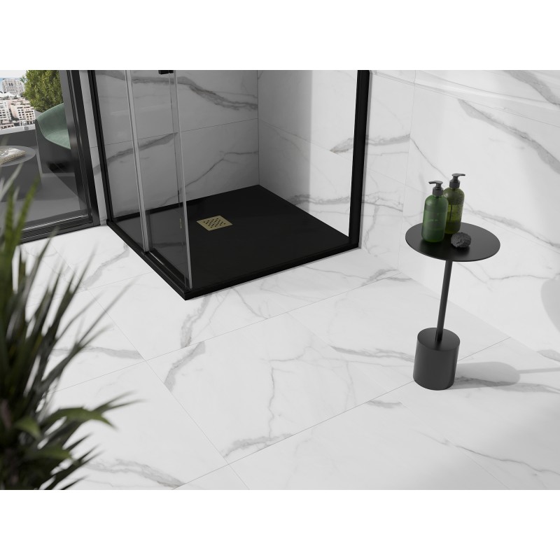 Mexen Stone+ quadratische Komposit-Duschwanne 80 x 80 cm, schwarz, goldene Abdeckung - 44708080-G