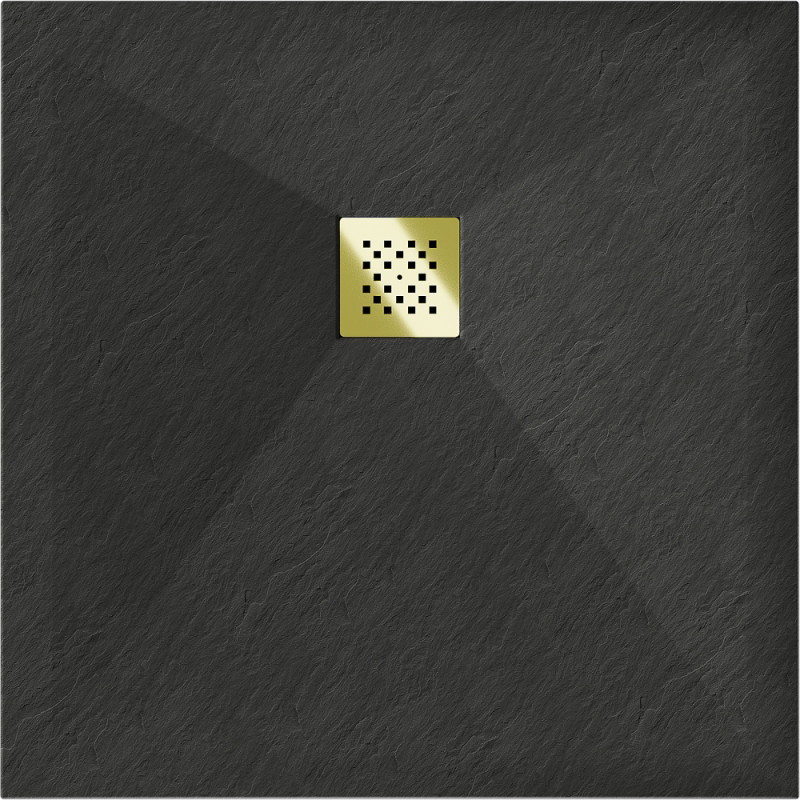 Mexen Stone+ Komposit-Duschwanne quadratisch 90 x 90 cm, schwarz, goldene Abdeckung - 44709090-G