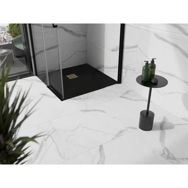 Mexen Stone+ quadratische Komposit-Duschwanne 80 x 80 cm, schwarz, goldene Abdeckung - 44708080-G