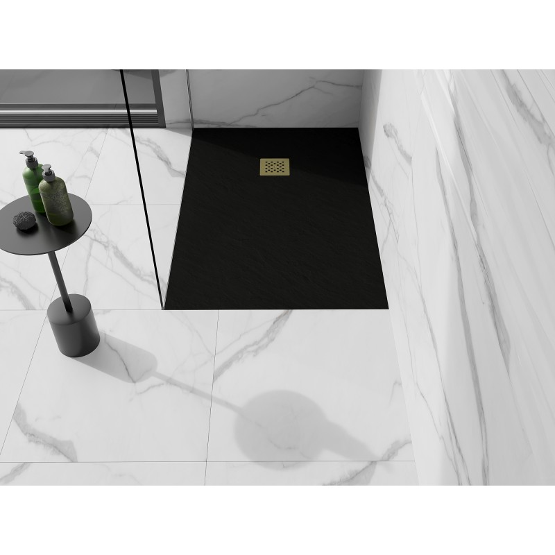 Mexen Stone+ rechteckige Duschwanne aus Verbundstoff 80 x 70 cm, schwarz, goldene Abdeckung - 44707080-G