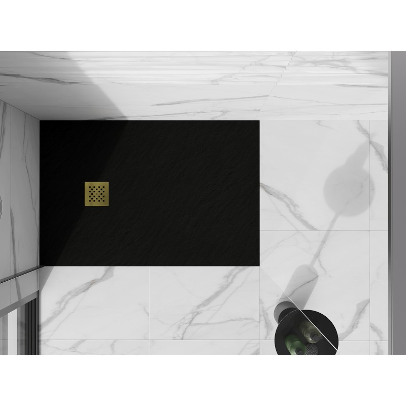 Mexen Stone+ rechteckige Duschwanne aus Verbundwerkstoff 90 x 70 cm, schwarz, goldene Abdeckung - 44707090-G